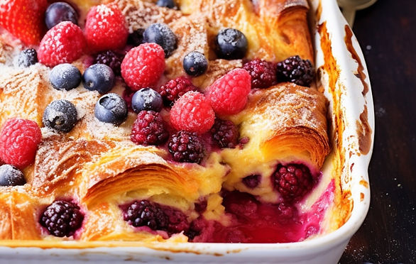 berry croissant breakfast casserole in a baking dish