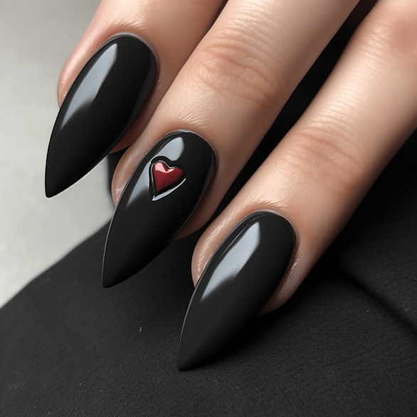 black valentines day nails black nails and one red heart