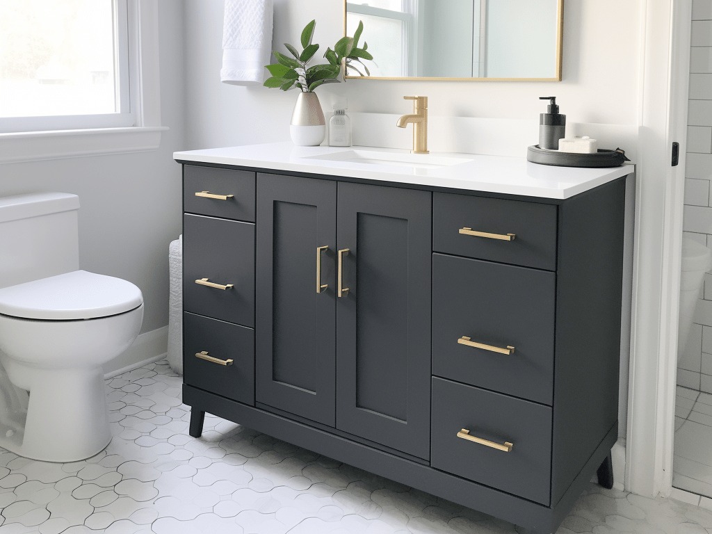 dark gray, with navy undertone painted cabinet in the bathroom - paint bathroom vanity cabinets