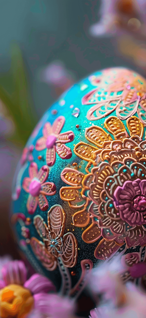 A close-up of a stunningly painted Easter egg with intricate designs and brilliant colors.