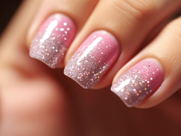 This image features a hand with nails beautifully adorned in a pink glitter ombre design. The nails elegantly transition from a solid pink at the base to a dazzling display of sparkling glitter towards the tips. This creates a stunning gradient effect that exudes glamour and style. The design is ideal for those who adore a touch of sparkle, adding a festive and luxurious touch to the overall look. The sparkling tips catch the light, making the nails a standout accessory for any outfit.
