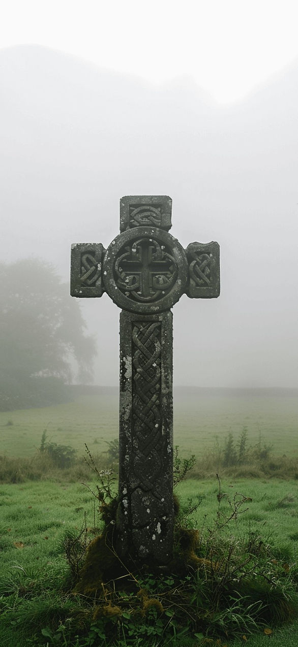 Gaelic Stone Cross: An ancient Gaelic stone cross standing tall in a misty Irish field, symbolizing Ireland's deep-rooted spiritual and cultural history.