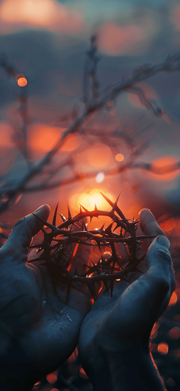 Easter iPhone wallpaper: A close-up of a pair of hands holding a crown of thorns, with a blurred background of a sunrise, symbolizing hope and resurrection.