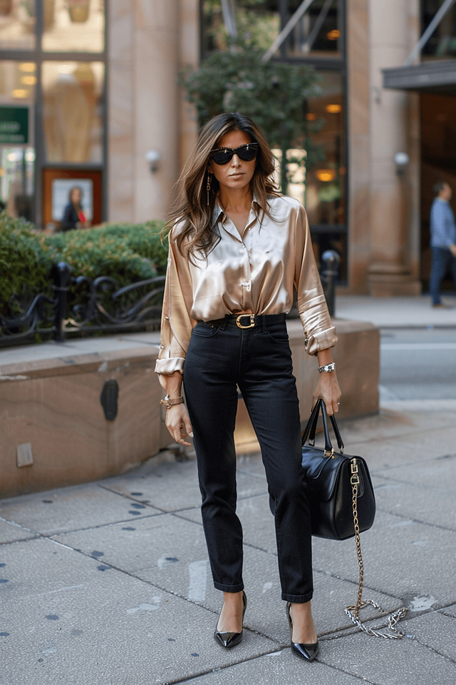 woman in sunglasses with black mom jeans outfit, and a light bronze silk long-sleeve blouse; she is wearing sunglasses and holding a large bag