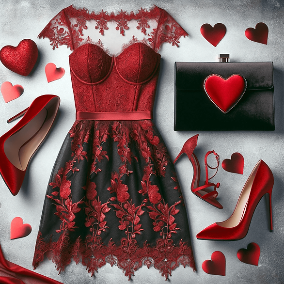 red lace corset, red heels, red and black heart purse