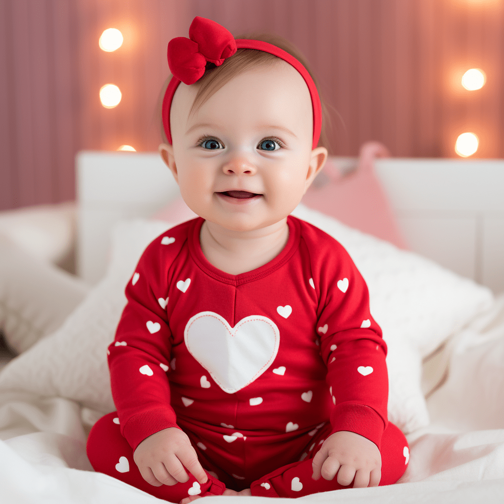 baby girl with red and white heart pajamas - baby's first Valentine's day