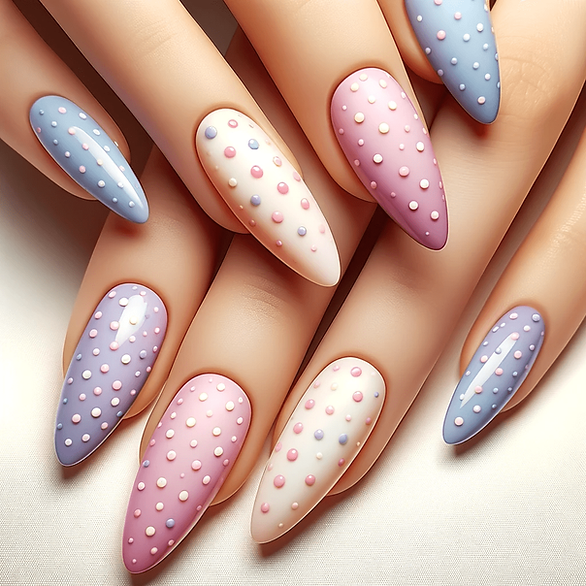 almond nails valentines day tiny pastel polka dots
