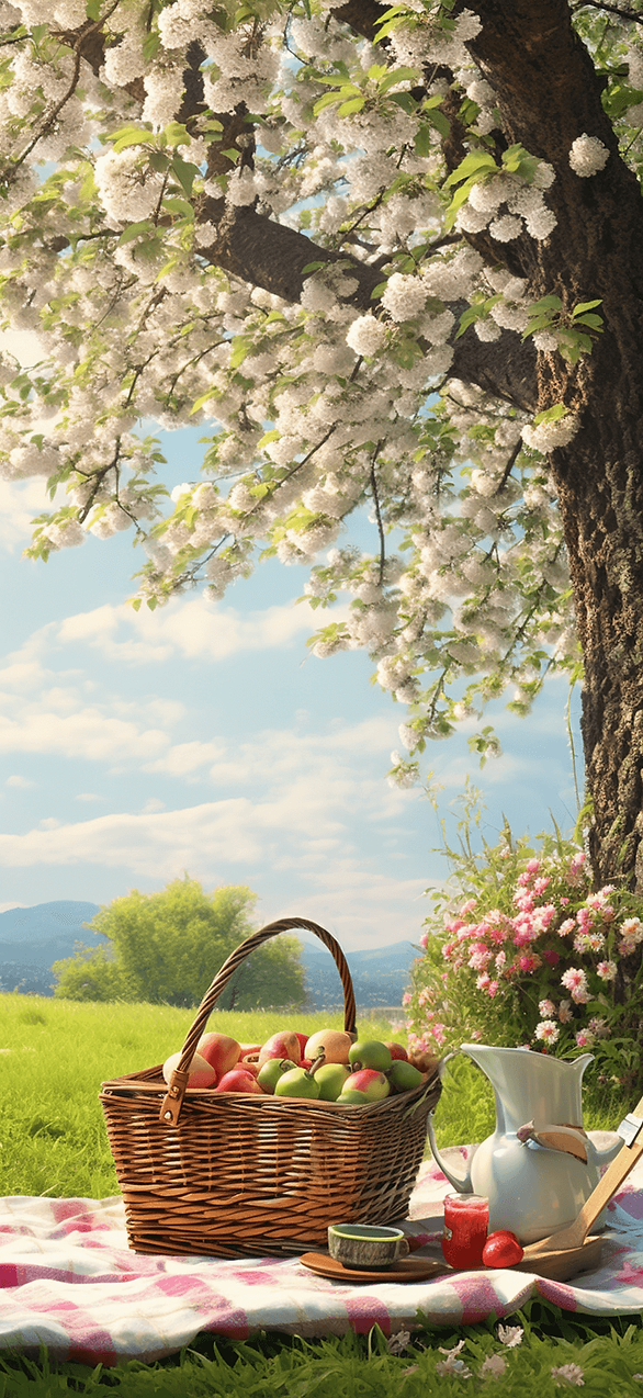 Enjoy the charm of a spring picnic under a blooming tree with this delightful wallpaper, complete with a checkered blanket and basket.