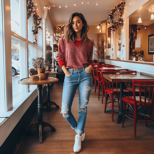 red heathered sweater and ripped blue jeans