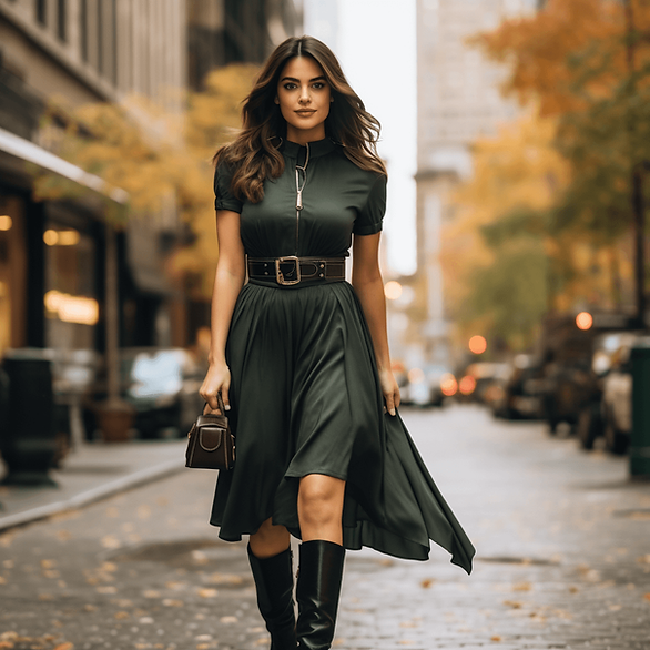 dark green dress on a woman on the street with a wide belt; St. Patrick's Day outfits