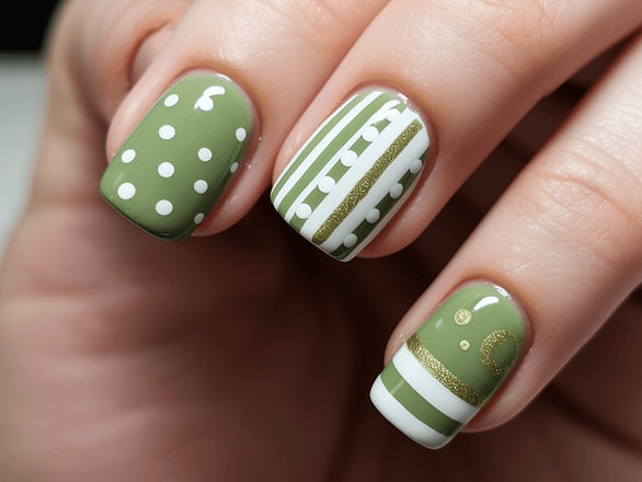 st. patrick's day nails army green and white dots and stripes
