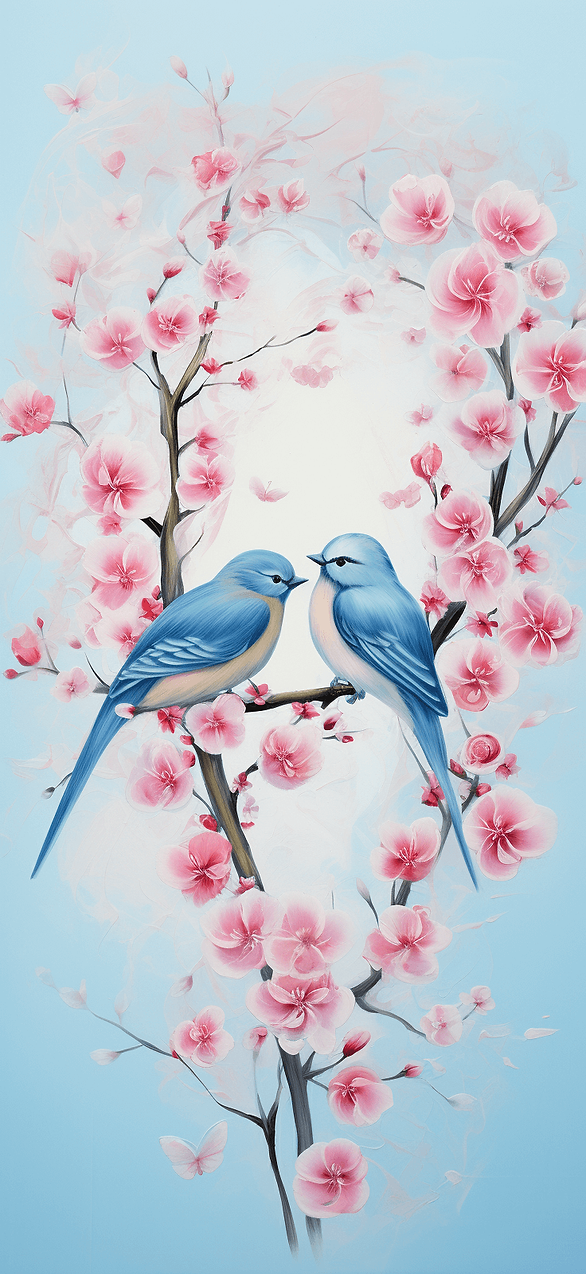 Love Birds Photo: A delightful design of two love birds seated on a branch with pink flowers. The beautiful sky-blue background enhances the scene's tranquility and charm.