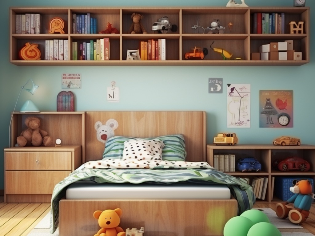 organizing kids rooms efficiently - kids bedroom with wooden bed frame and bookshelves