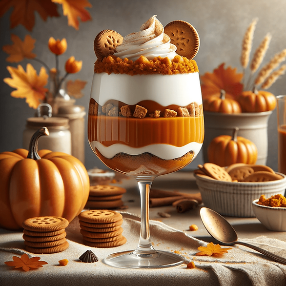 pumpkin wine glass dessert with Fall setting