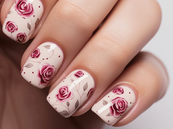 floral dark pink roses on nails