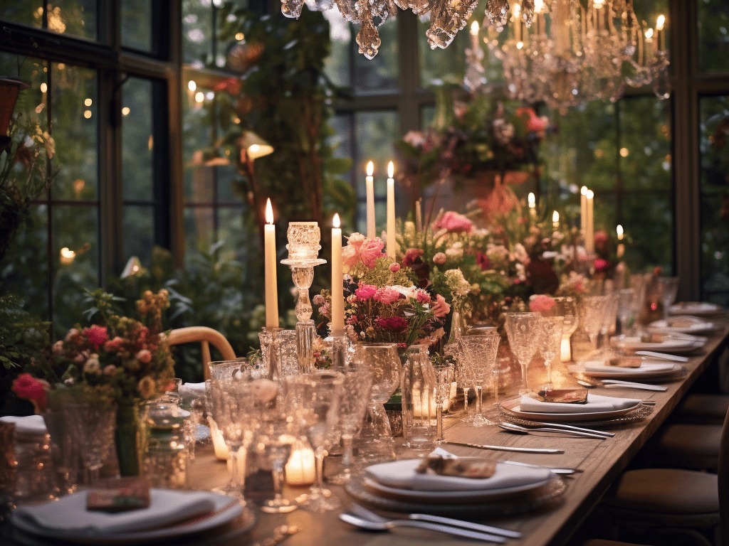 garden party themed dinner party, candles, flowers, and fancy glasses on a pretty table