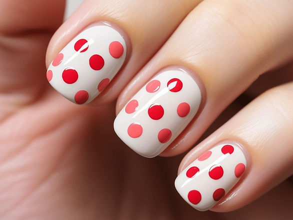 Playful Polka Dots: This design adds a touch of fun and playfulness. The nails are medium-length and feature a charming polka dot pattern in pink and red, set against a neutral or white base. It's a delightful and whimsical style.
