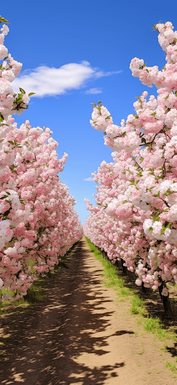 Stroll through an apple orchard in bloom with this free wallpaper, featuring rows of apple trees with soft pink and white flowers under a clear sky.