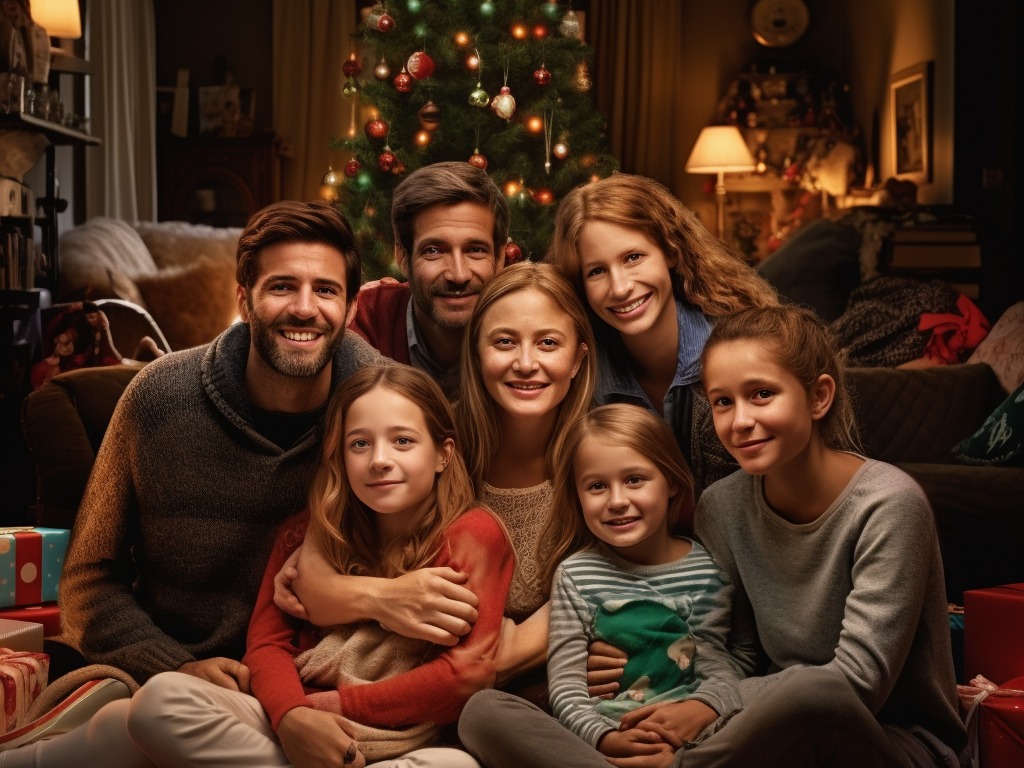 teaching children the meaning of Christmas - family in front of a Christmas tree