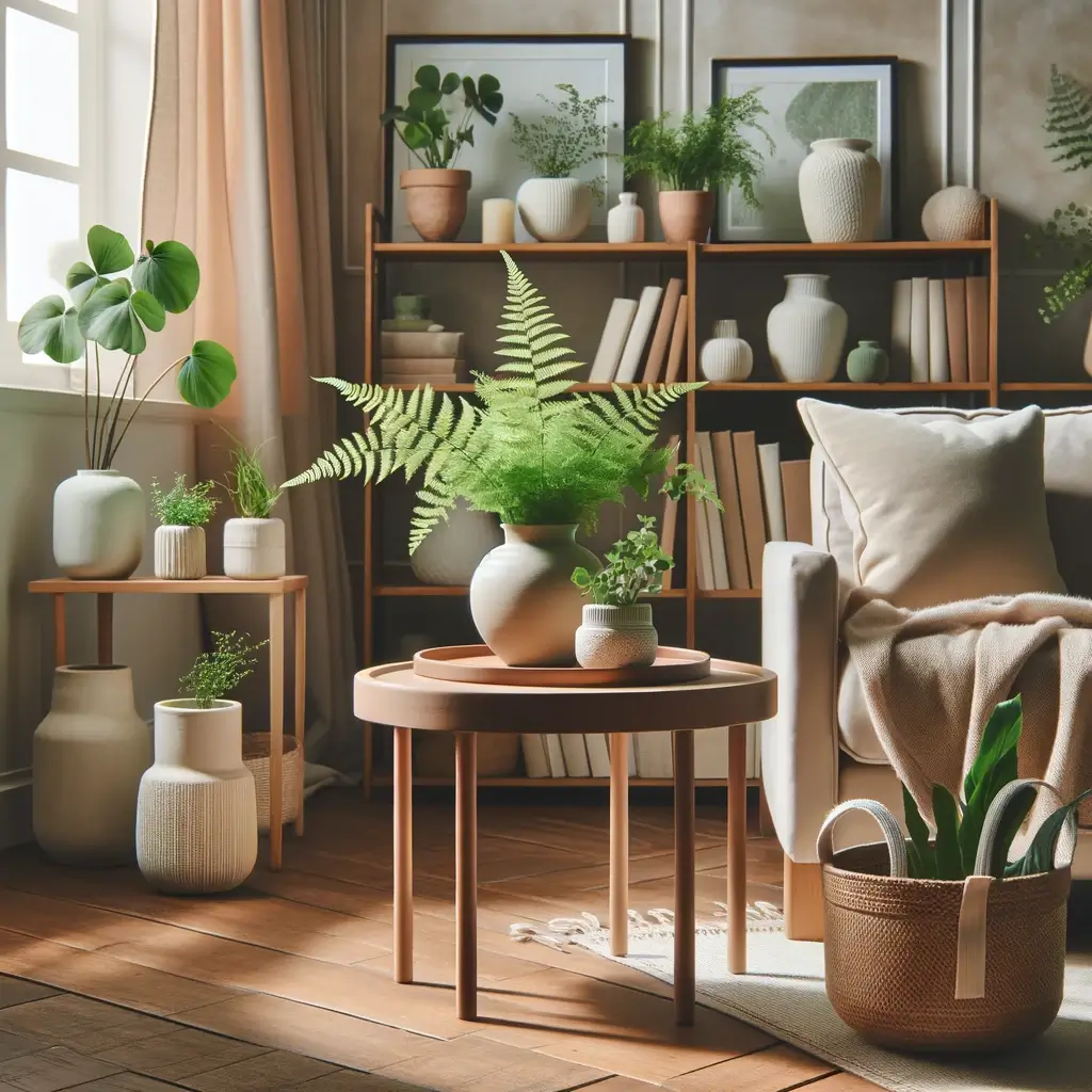 greenery and ferns in the living room; St. Patrick's Day home decor