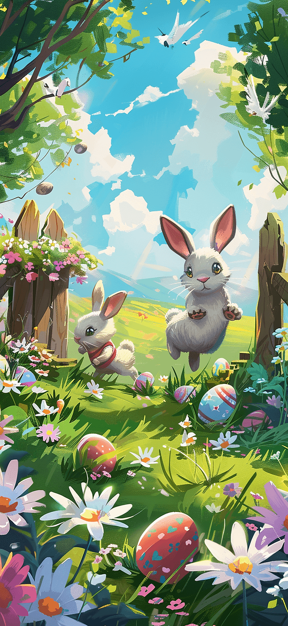 Easter iPhone wallpaper: A playful and colorful cartoon of Easter bunnies hopping and hiding eggs in a garden.