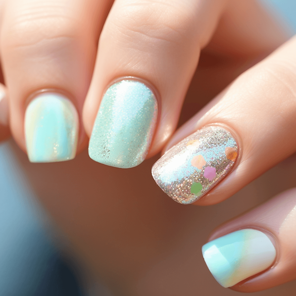 glitter nails with pastel dot accent nail