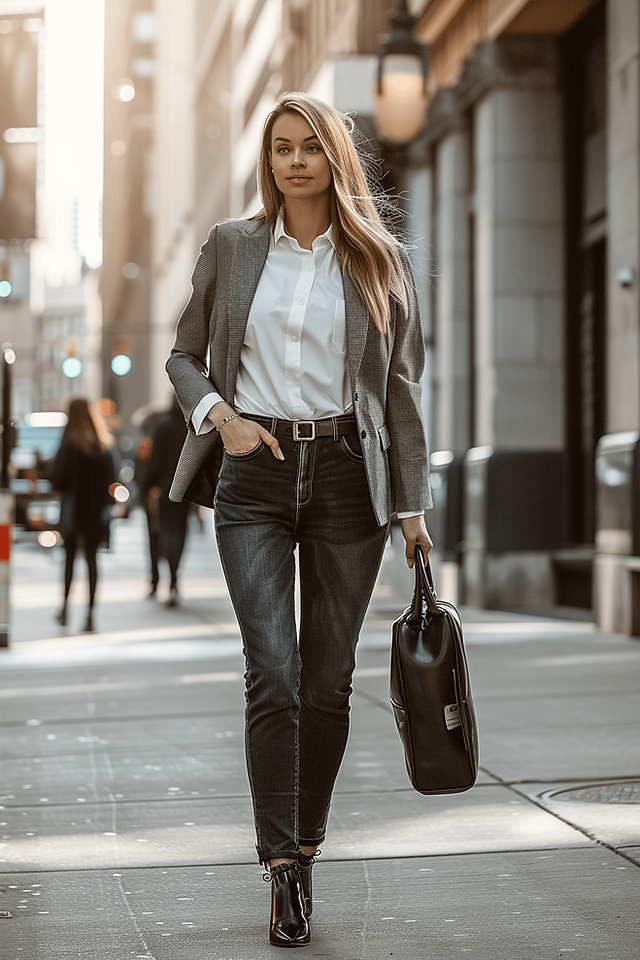 professional looking woman with long hair, a white blouse, blazer, and outfit on a city street
