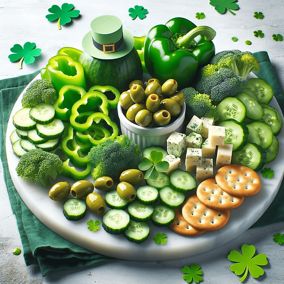 Green Veggie Focus Board: Perfect for veggie lovers, this board is packed with green olives, sliced cucumbers, bell peppers, and broccoli. It's balanced with cheese cubes and crackers, all arranged playfully on a white marble board to emphasize the green theme.