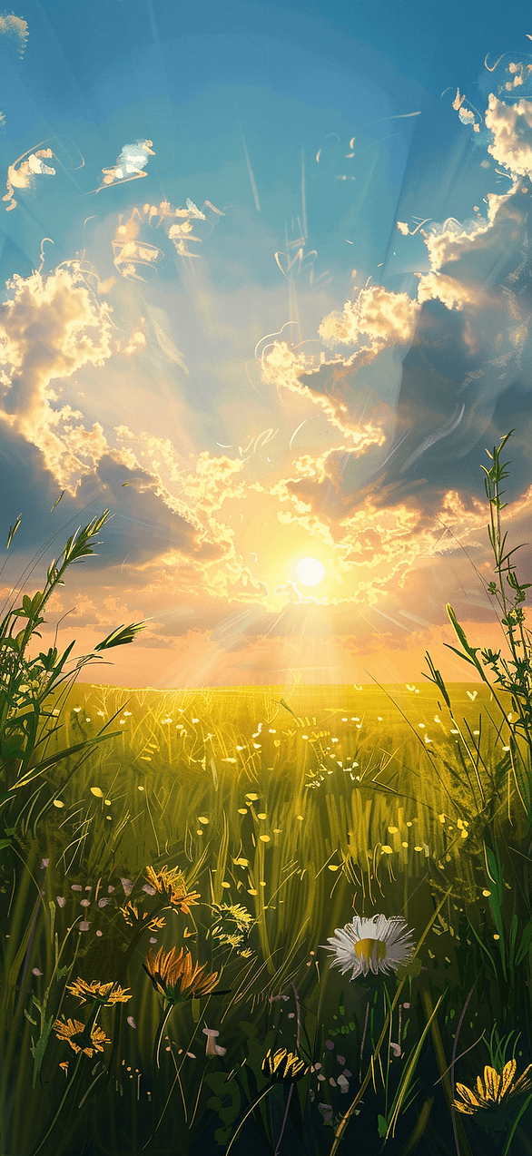 Easter iPhone wallpaper: A beautiful landscape with a soft sunrise and a field of blooming tulips symbolizes Easter morning.