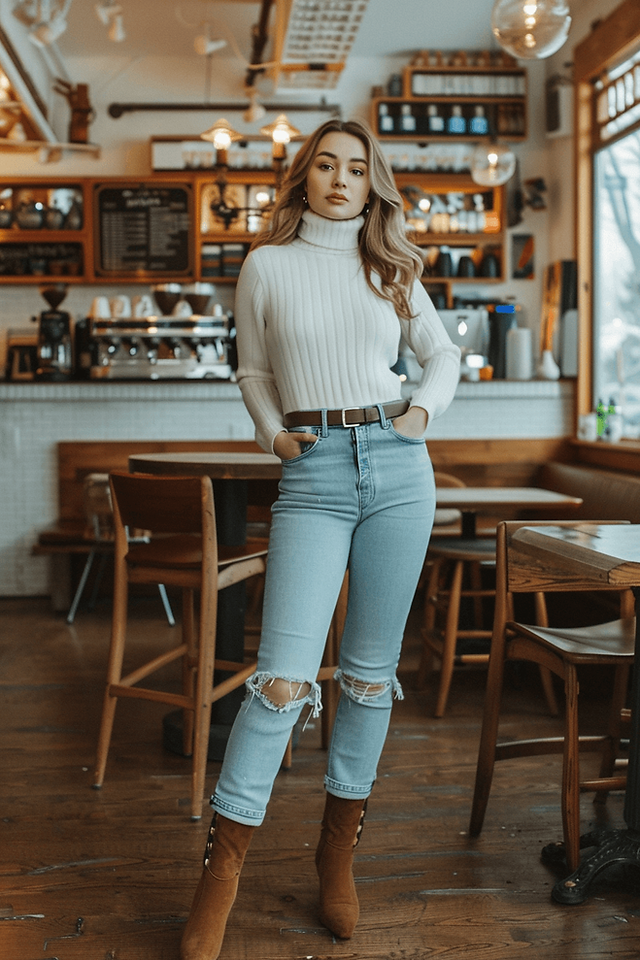 woman standing in a coffee shop with a fitted mom jeans outfit, slight rips and destressing at the knees, a white fitted turtleneck sweater