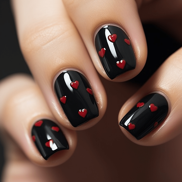 black valentines day nails black base little red hearts