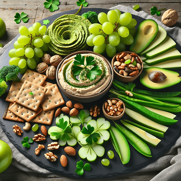 Healthy Options Board: For a health-conscious celebration, this board includes hummus sprinkled with parsley, whole grain crackers, assorted nuts, and fresh green vegetables like snap peas and avocado slices. Green apple slices and grapes provide a natural sweetness, all displayed on a modern slate board.