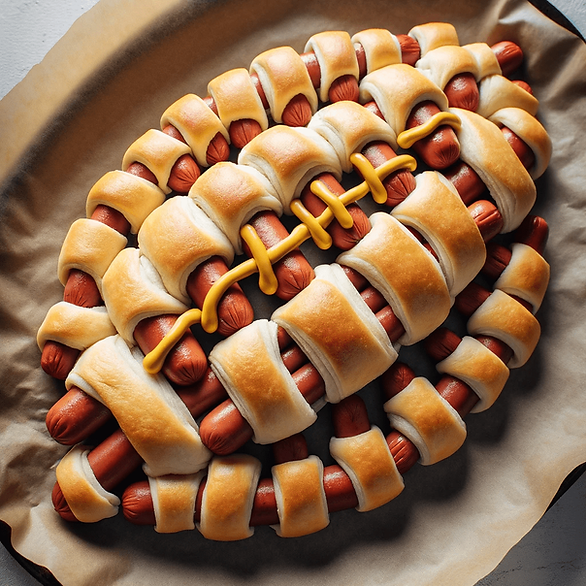 football shaped hotdogs with mustard laces