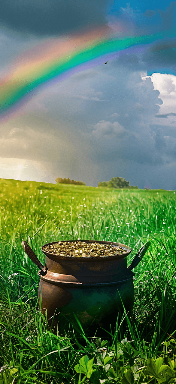 Rainbow and Pot of Gold: A vibrant rainbow ending in a shimmering pot of gold, set against a lush green field, embodying the playful spirit of St. Patrick's Day