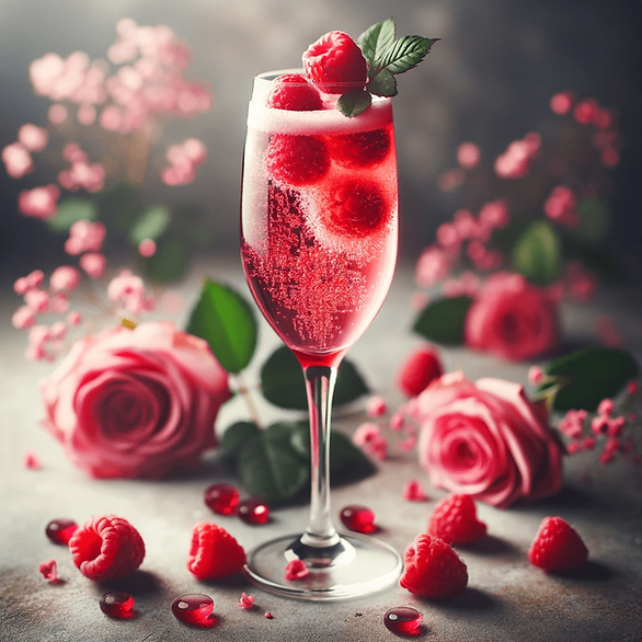 Raspberry Rose Fizz - A cocktail with raspberry puree, rose water, and prosecco.