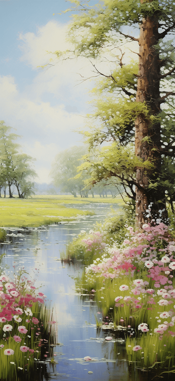 Experience the peace of a blooming riverbank with this free wallpaper, highlighting wildflowers and green grass along a tranquil river.