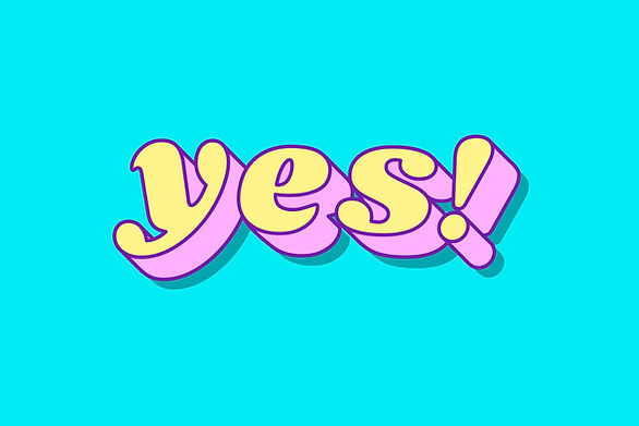 the word yes in purple and yellow bubble letters with an exclamation point at the end, on an aqua colored background