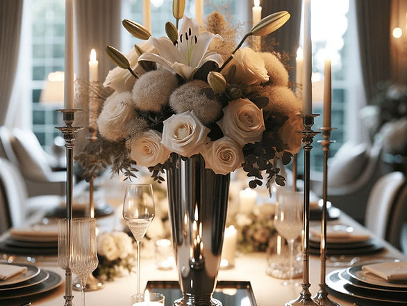 image showcasing an elegant centerpiece for a classy dinner party, focusing on the refined details and ambiance it adds to the setting.