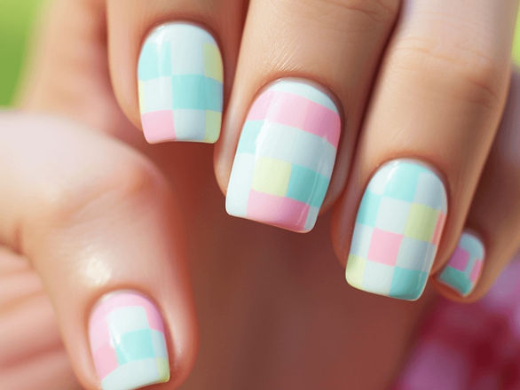 gingham pastel nails