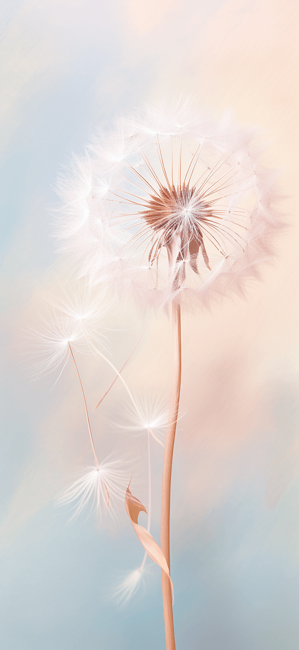 Adorn your phone with the simplicity of a dandelion and its seeds blowing in the wind, set against a soft, pastel-colored background.