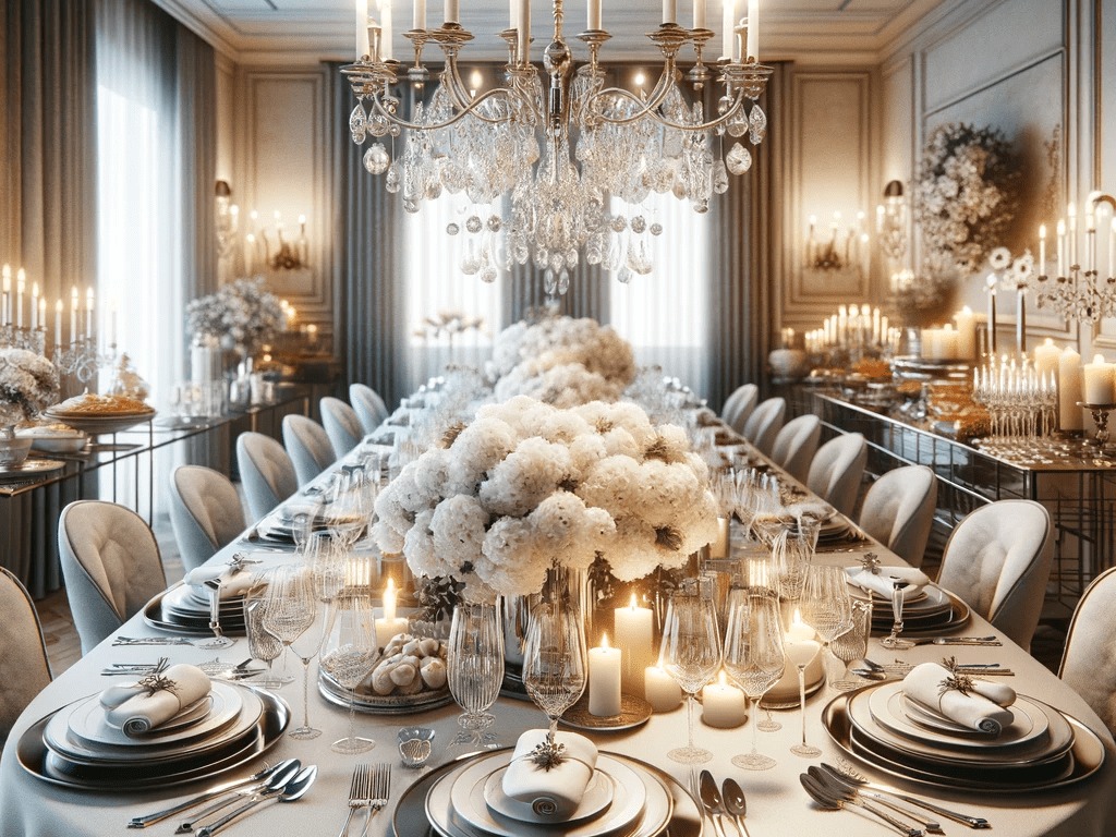 Imagine a beautifully set dining table in an elegant home setting, designed for a classy dinner party. The table is adorned with a crisp, white tablecloth and a sophisticated, understated centerpiece, perhaps a low arrangement of fresh, white flowers or a simple yet elegant candelabra. Each place setting features fine china, sparkling crystal glassware, and polished silverware, arranged meticulously. Soft, ambient lighting fills the room, with a few tastefully placed candles casting a warm, inviting glow. In the background, a chic, well-organized buffet table holds an array of sumptuous dishes and drinks, ready for guests to enjoy. The room exudes an atmosphere of understated luxury and warmth, setting the perfect stage for an evening of refined dining and engaging conversation.