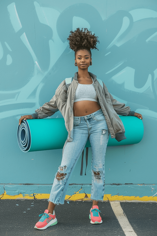 black woman with a high ponytail, gray crop top, holding a yoga mat, wearing an open casual jacket