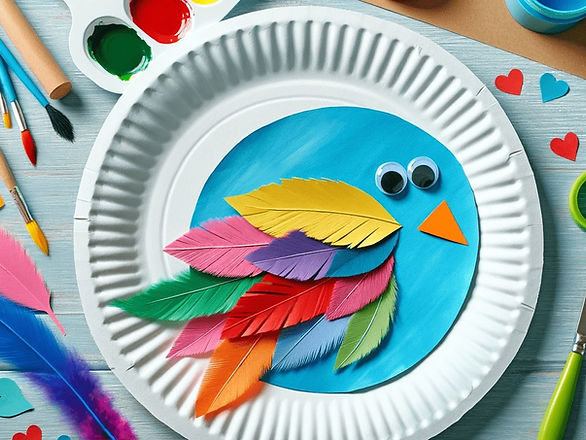 paper plate bird with many colored feathers valentine crafts for kids