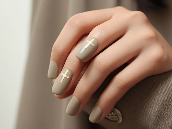light brown nails with beige cross on two fingers as an accent for Easter season.