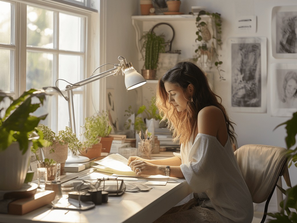 woman wearing white working at her desk on the 30-30-30-10 budget