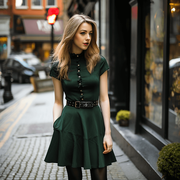 dark green dress with buttons, woman in the city; St. Patrick's day outfits