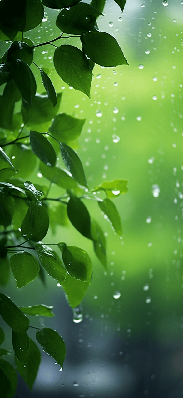 Feel the calmness of a spring rain with this soothing wallpaper featuring raindrops on a window against a backdrop of green spring foliage.