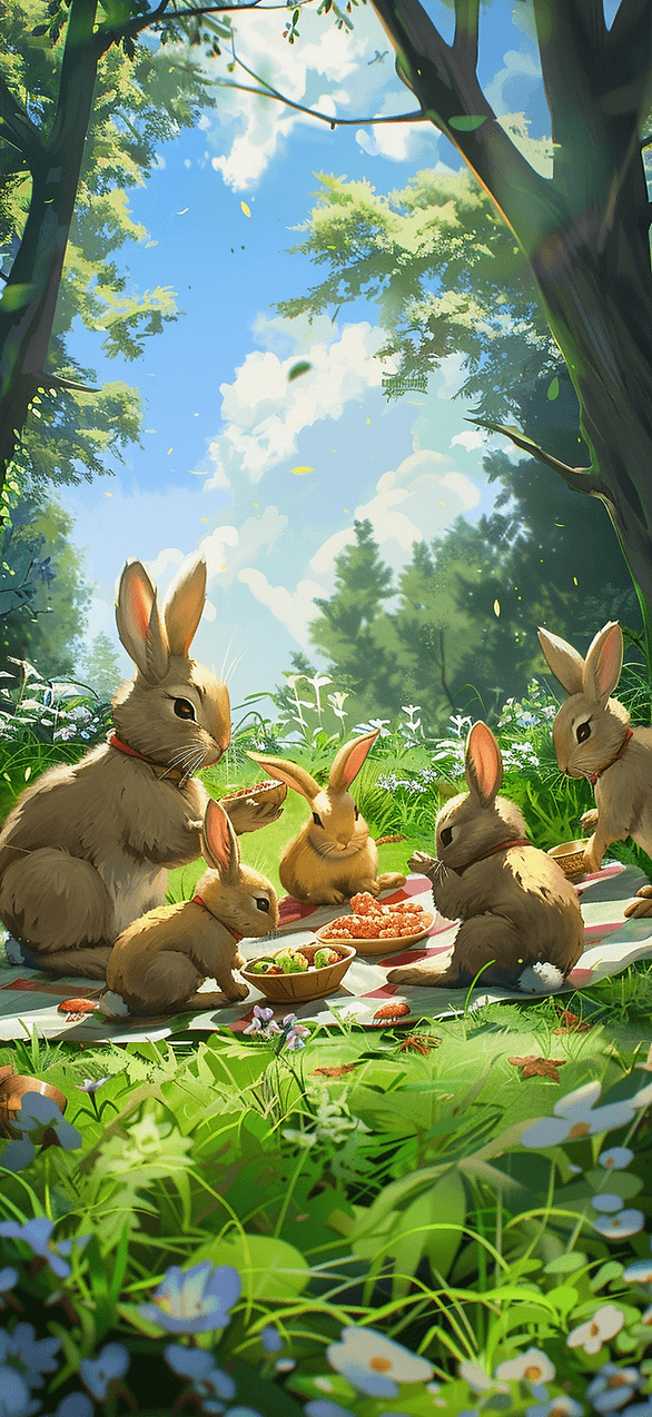 Easter iPhone wallpaper: Easter bunnies are shown in this lively and lively cartoon jumping about a garden and hiding eggs.