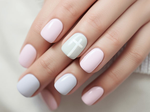 Elegant nails each featuring a soft pastel base in shades like lavender, baby blue, and pale pink. On one or two fingers, a delicate white cross is painted, symbolizing the religious aspect of Easter.