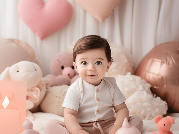 baby's first Valentine's day - baby boy with brown hair and stuffed animals
